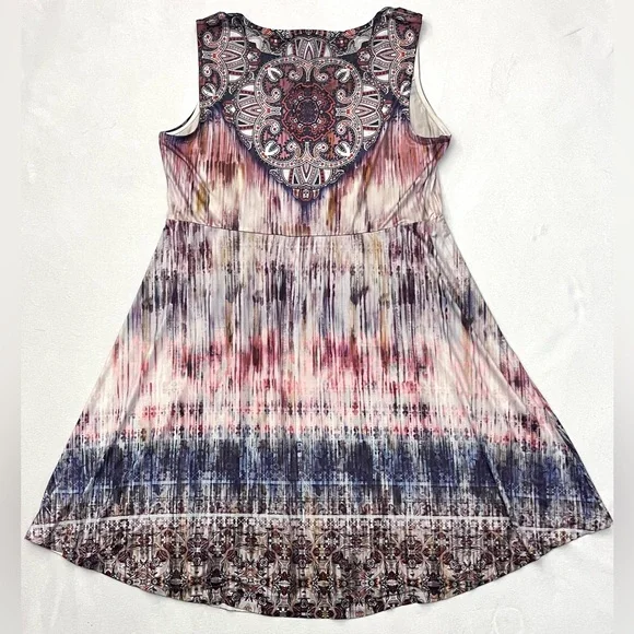 ONE WORLD Live & Let Live Sleeveless Boho Ombre Print Paisley Neckline Dress - Picture 12 of 16
